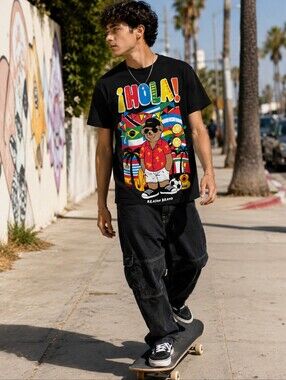 Reason Brand ¡Hola! Graphic Bear T-Shirt Men’s Medium Black Tropical Streetwear
